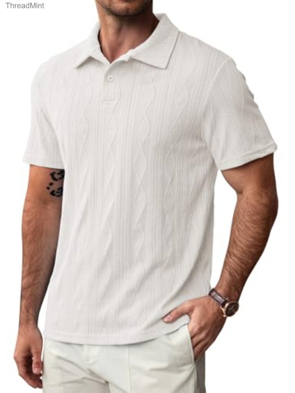 Men's Textured Knit Polo Shirt Casual Vintage Business Summer Collared Short